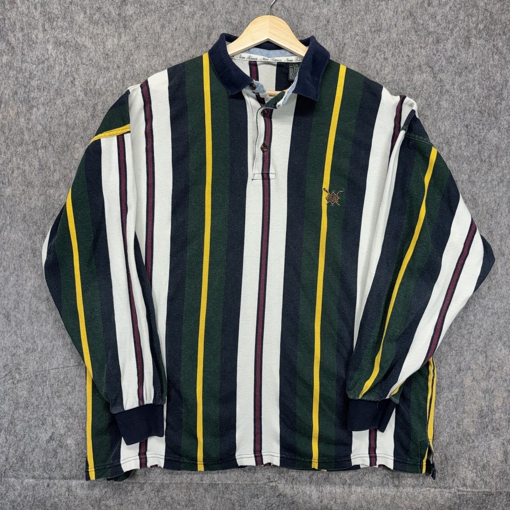 Vintage Striped Rugby Polo Shirt Men's Large New River Colorblock 90s Green Blue